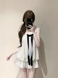 French Sweet Tunic Waist Mini Dress Women Elegant Strappy Patchwork Sleeveless Clothes Female Kawaii Dot Print Dresses Summer