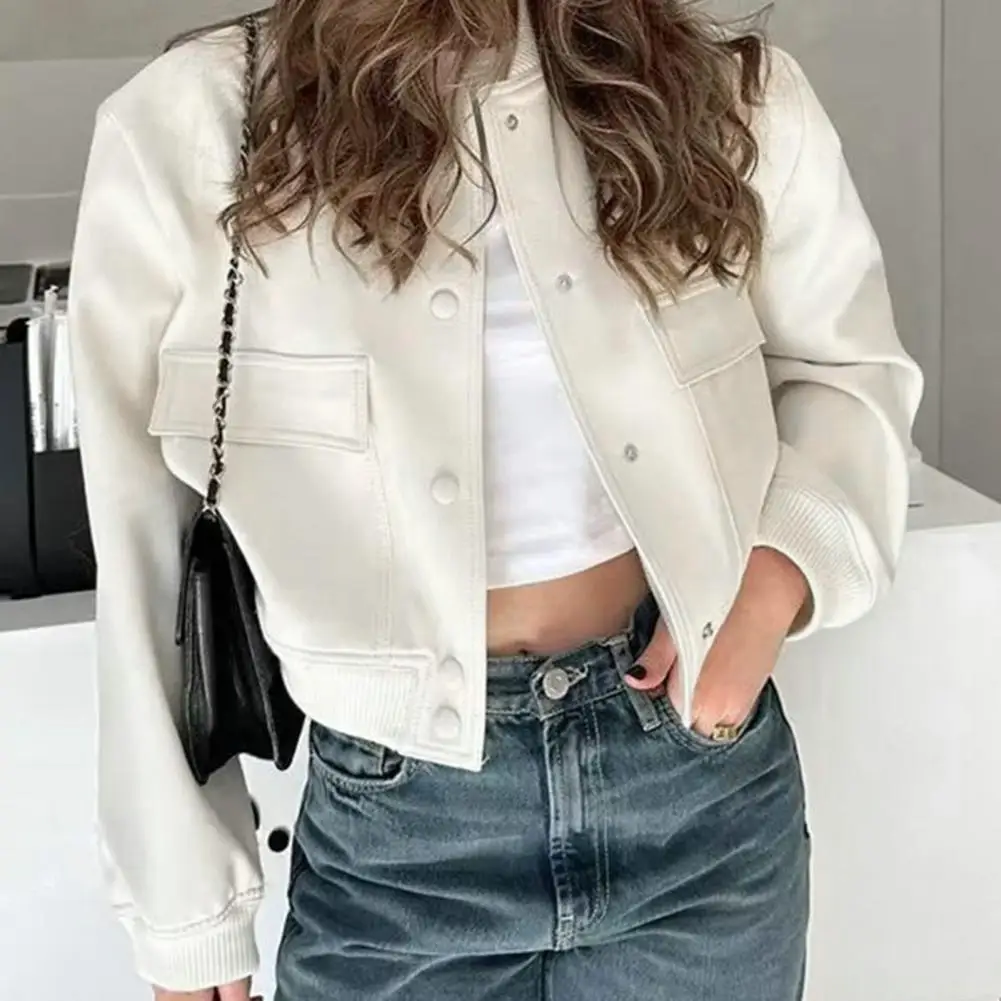 Round Neck Jacket Women's Round Neck Solid Color Cardigan Jacket with Buttons Pockets Long Sleeve Loose Coat for Fall Spring