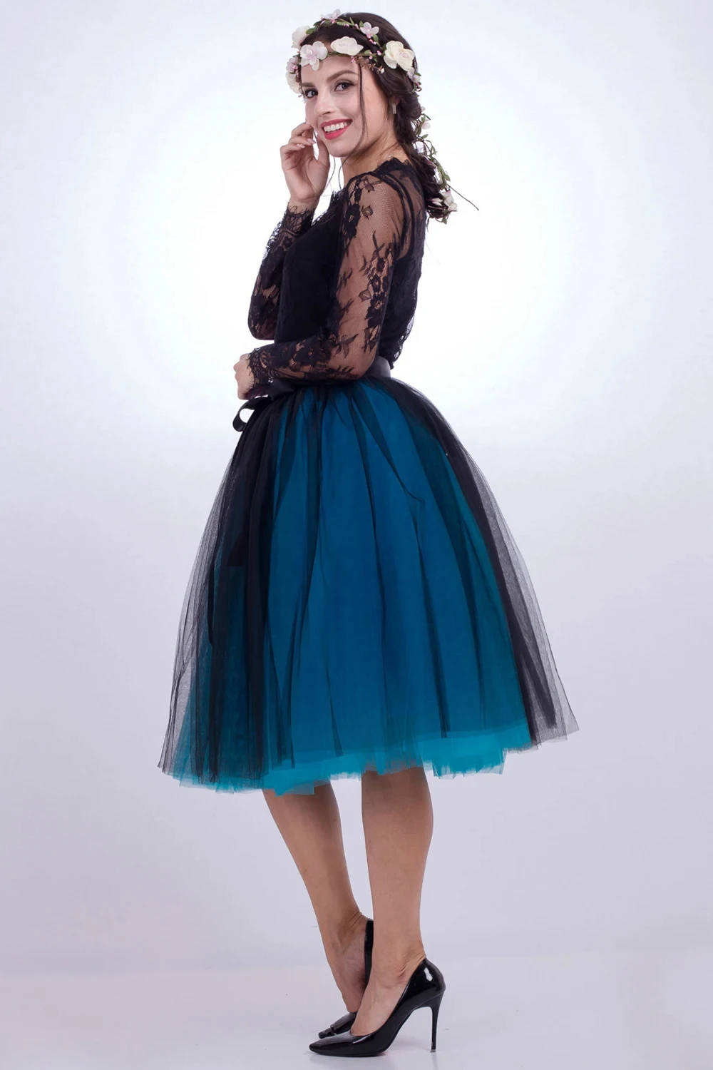 

Free Size Tutu Skirts For Women Fluffy Layered Tulle Patchwork Petticoat Elastic Waist Knee-Length Midi Prom Dress Underskirt