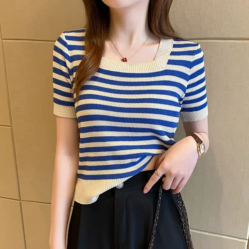 Square Collar T-shirts Women Korean Fashion Knit Tops Harajuku Y2k Clothes Summer Футболка Женский Slim Elastic Soft Striped Ins