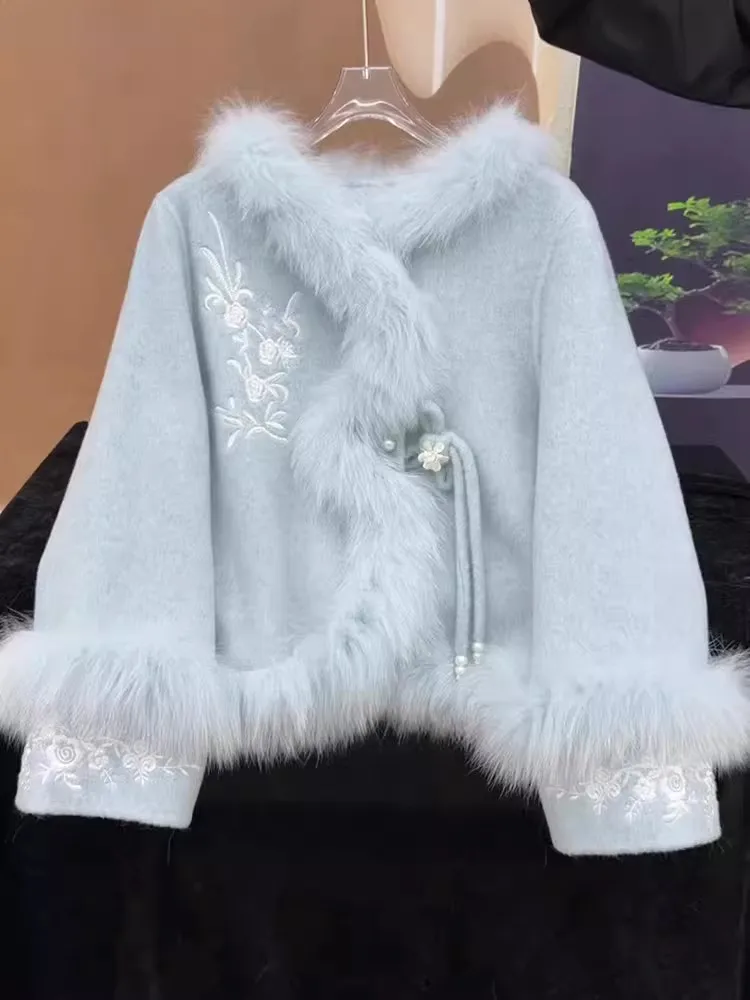 

New Chinese Sle ort Woolen Coat Women's Faion Embroidered ature Autumn Winter New Arrival Ladies' Jaet