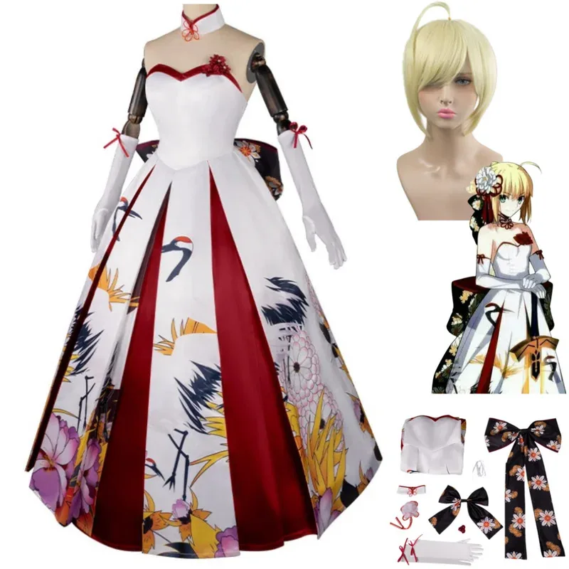Игра Fate Stay Night Saber Altria Pendragon Косплей Костюм Парик Вечернее платье в китайском стиле Женские сексуальные карнавальные костюмы для вечеринок; 3'v,