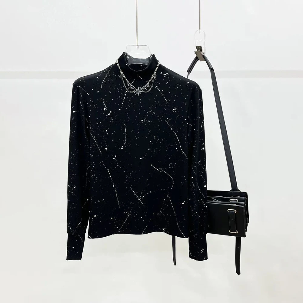 

Men's Starry Sky Hot Diamond Long Sleeve T-shirt American Retro Fashion Trend High Street Loose Casual Niche New Men's Top