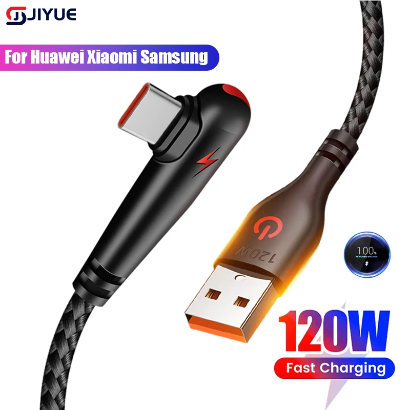 Fast Charging 120W USB To Type-C Cable 90 Degree Elbow Mobile Phone For Huawei Mate 40 30 Xiaomi Samsung Phone Charging Cord