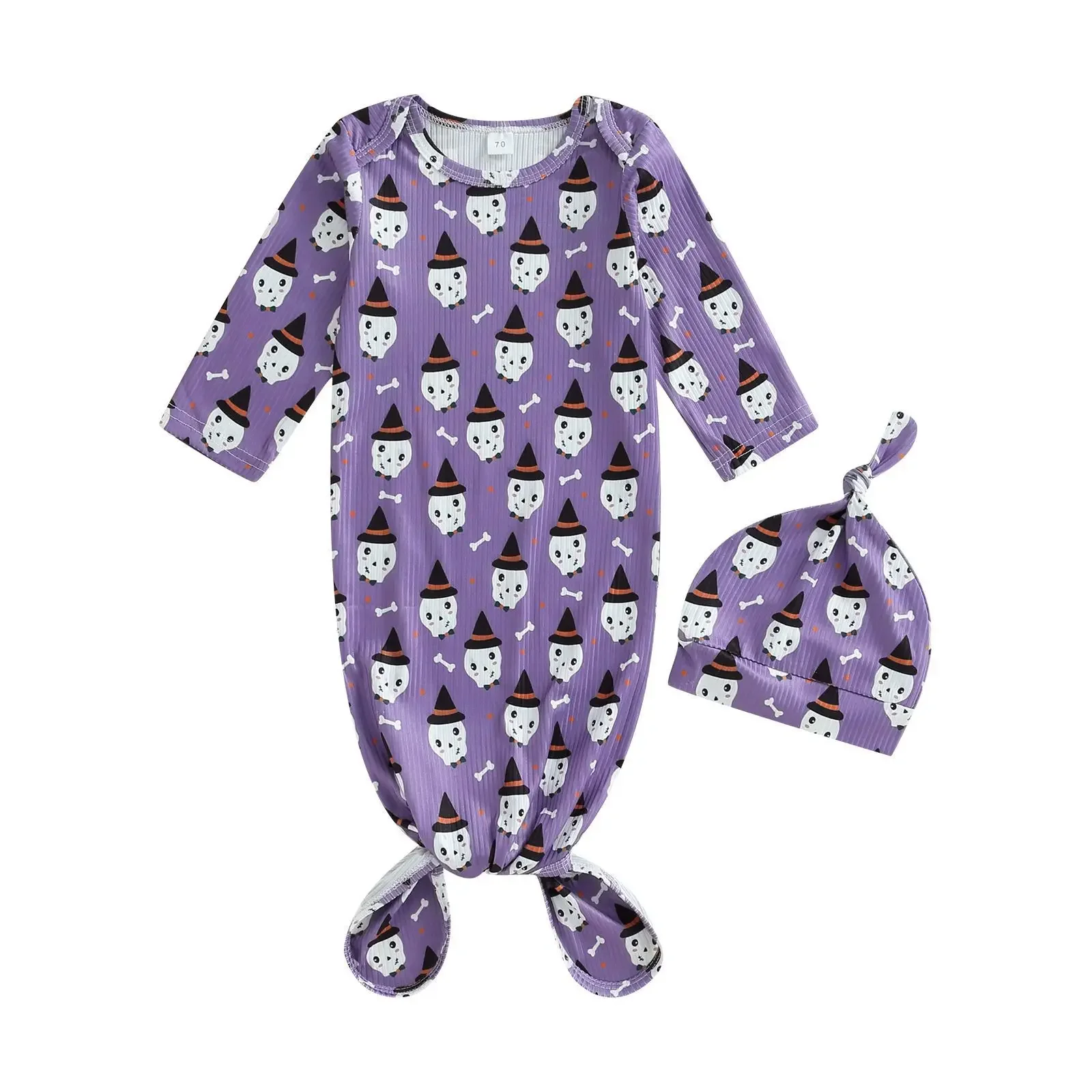 

Baby Halloween Pumpkin Print Set Baby Kick Proof Knotting Joint Sleepwear+Hat Baby Onesie L