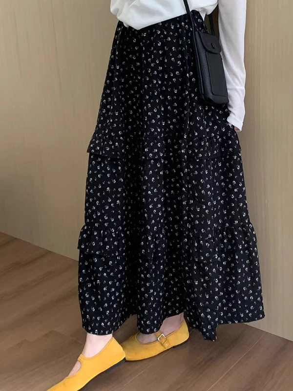Floral Print High Waist A-Line Midi Skirt Women's Spring Autumn Winter New Style Slimming Half-length Skirt Commute Korean Style