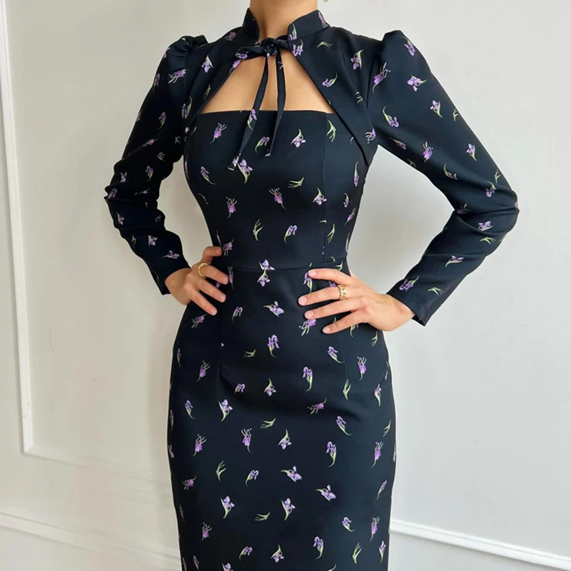 Tornova Elegante Print Lange Mouw Jurk Voor Vrouwen Stand Kraag Lace Up Hoge Taille Split Woon-werkverkeer Maxi Jurk Lady Splice Uitgesneden