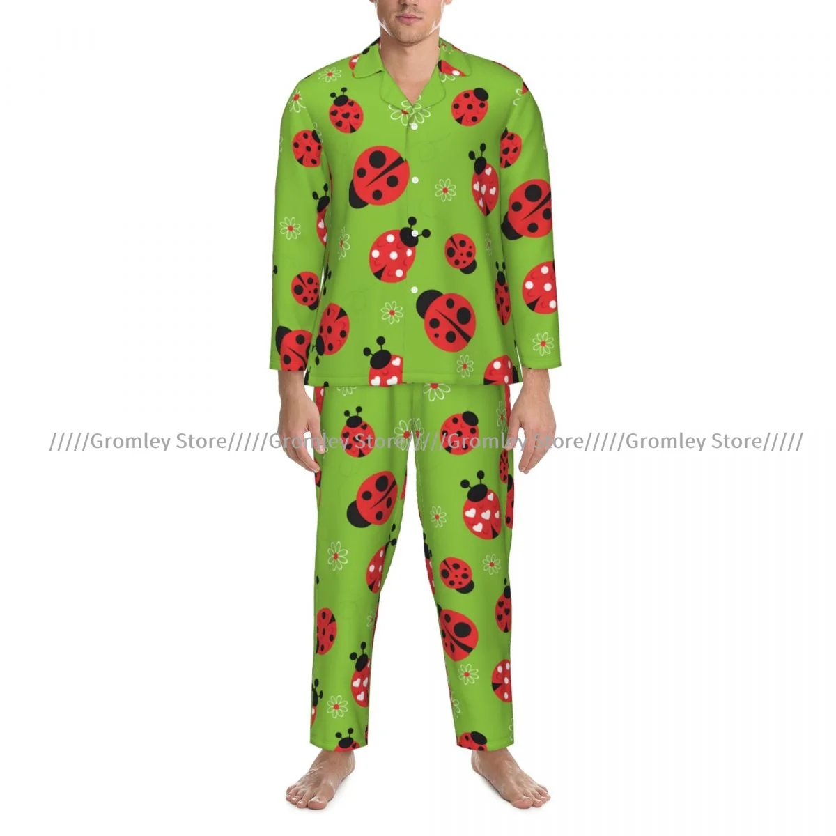 Abstract Flowers And Ladybug Men Pajamas Long Sleeve Male Sleepwear Suit Set Homewear