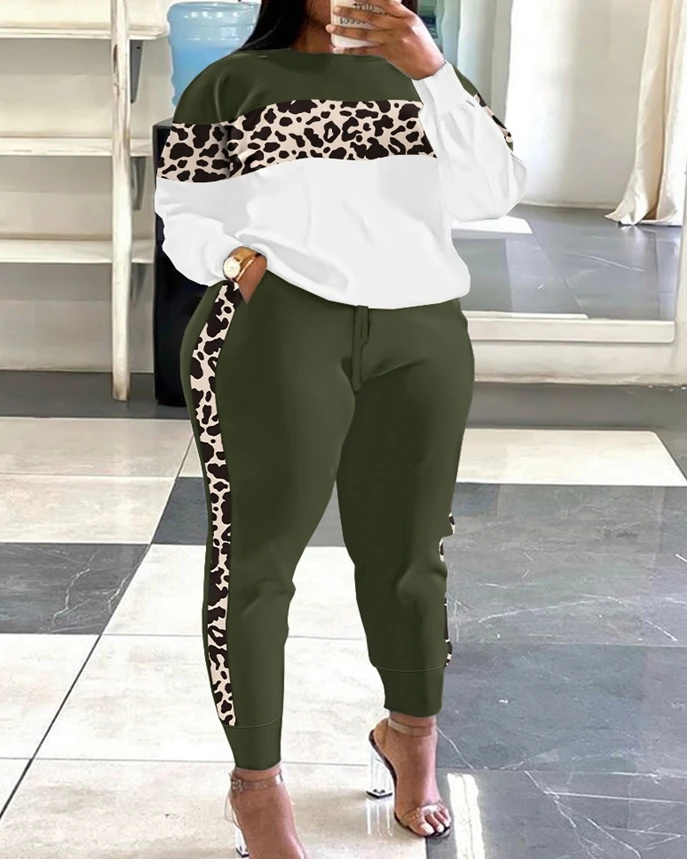 Plus Size XL-5XL 2 Piece Set Women Outfit 2025 Leopard print Long Sleeve Pullover Pocket High Waist pant Tracksuit Matching Sets