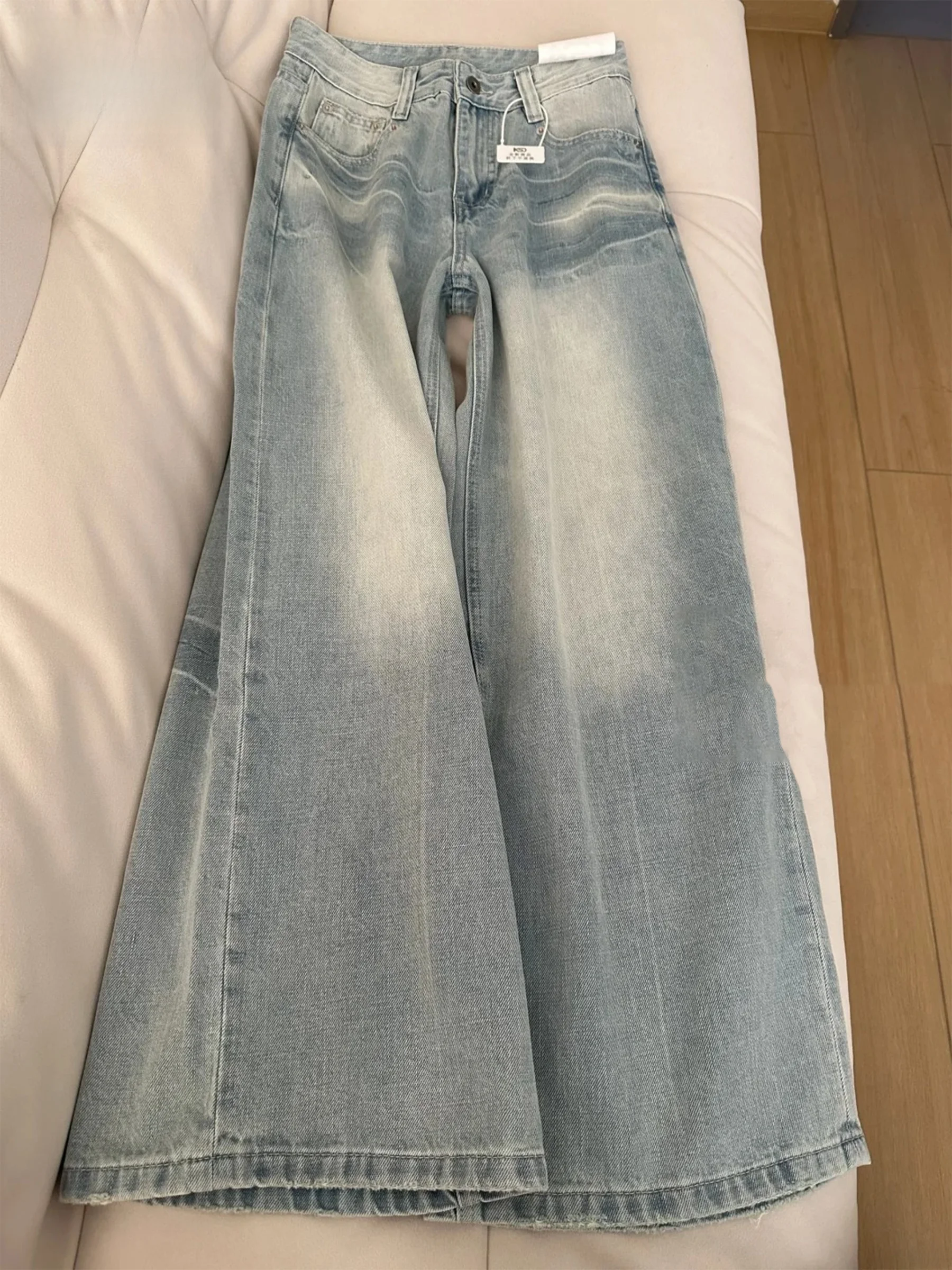 

Светло-голубые джинсы прямого кроя с эффектом потертости, женские, новинка 2026 года, летние, в стиле Spicy Girl, свободные, стройнящие, длиной в пол