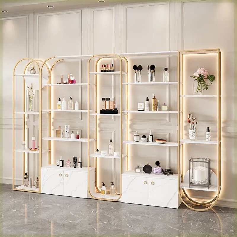 Luxury Golden Cosmetic Display Showcase Stainless Steel Cosmetics Makeup Stand Display Retail Cosmetic Display Shelves