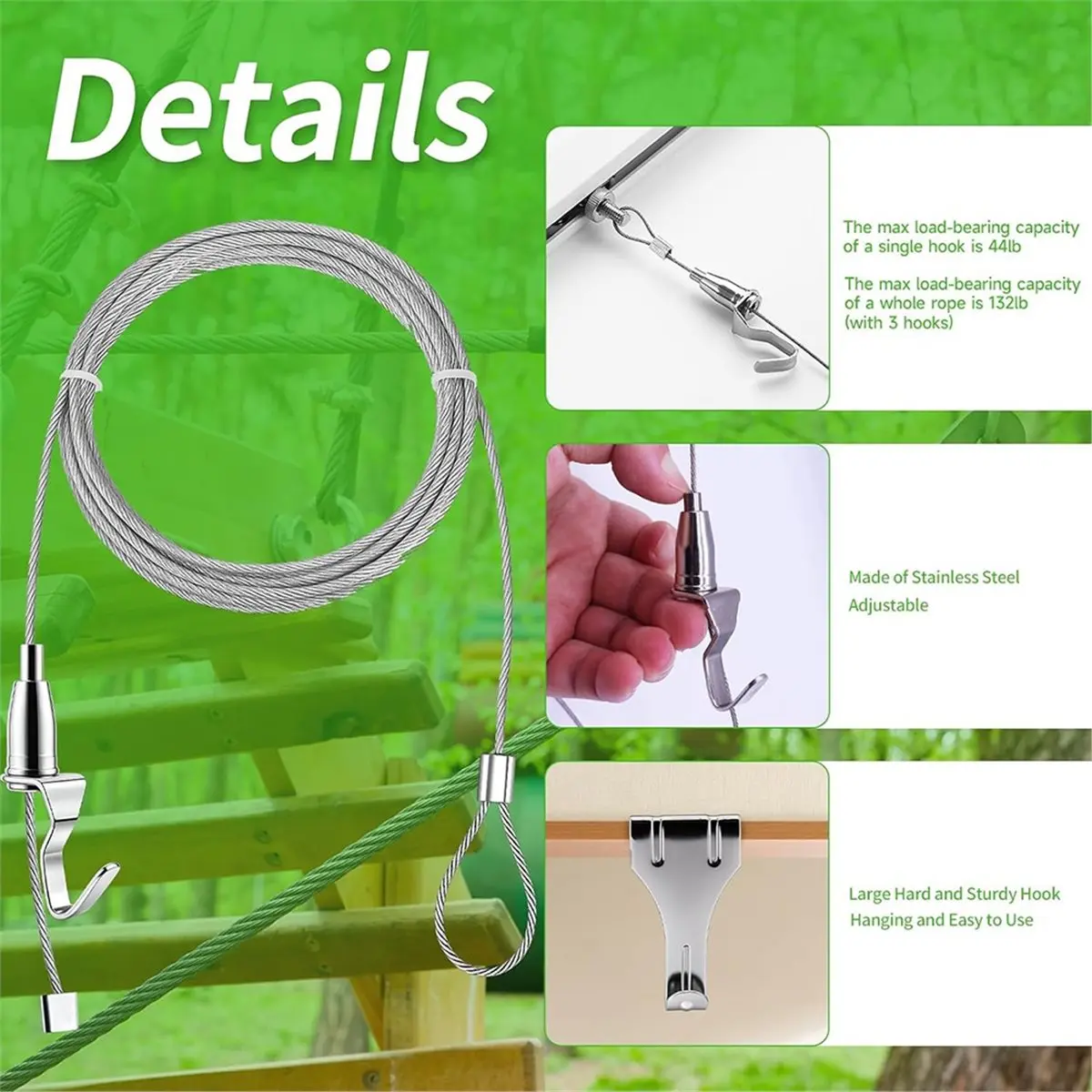 gonging 8PCS Adjustable Suspension Wire Rope Set Includes A Sturdy Display Track Rope and 3 Hooks for Exhibition Frames Display