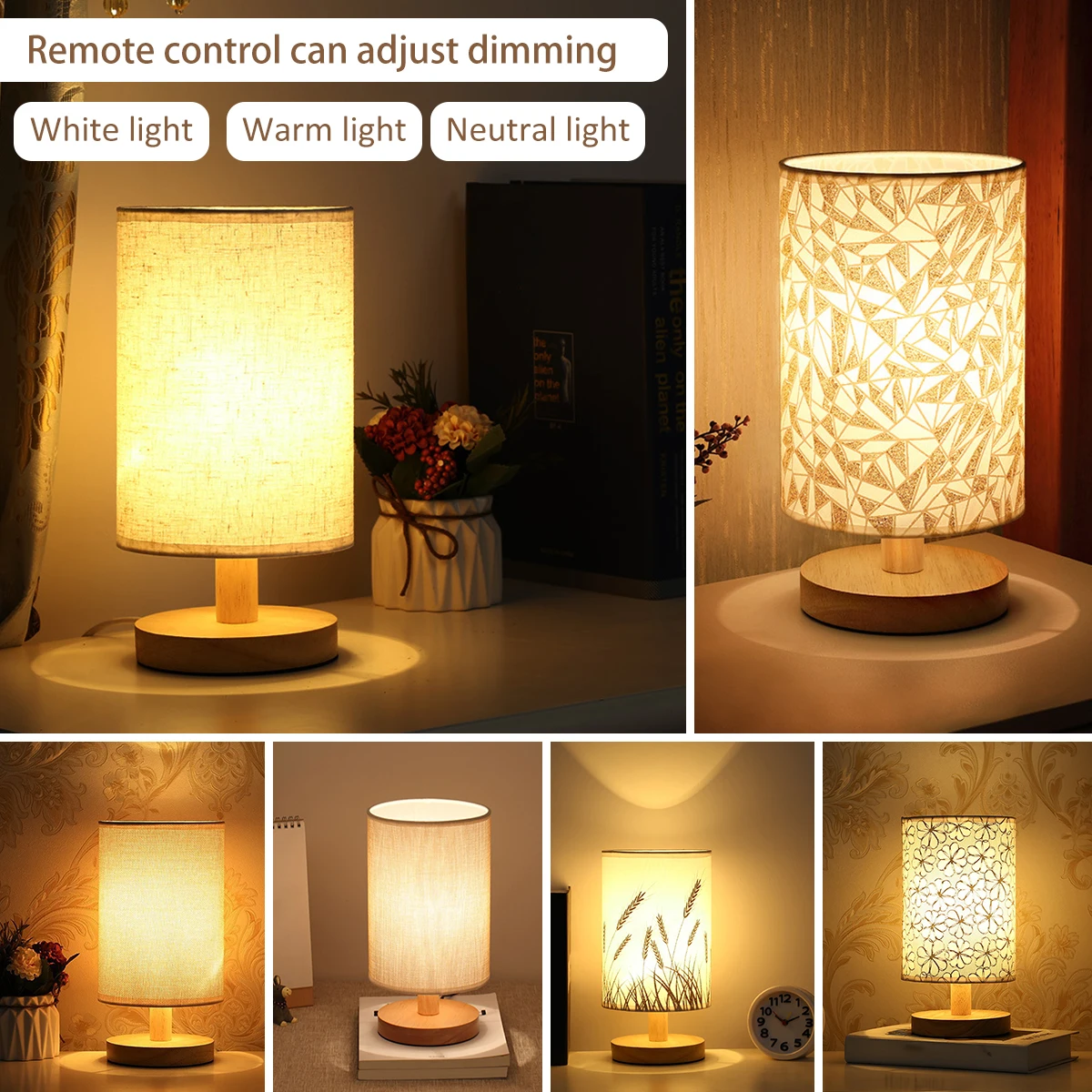 

Modern Wooden Table Lamp LED Linen Night Light USB Powered Bedside Lamp with Remote Control Dimmable and Timing Bedside Lamp