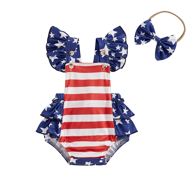 

Baby Girls Independence Day Romper Flying Sleeve Tiered Ruffle Stripe Stars Print Romper with Headband