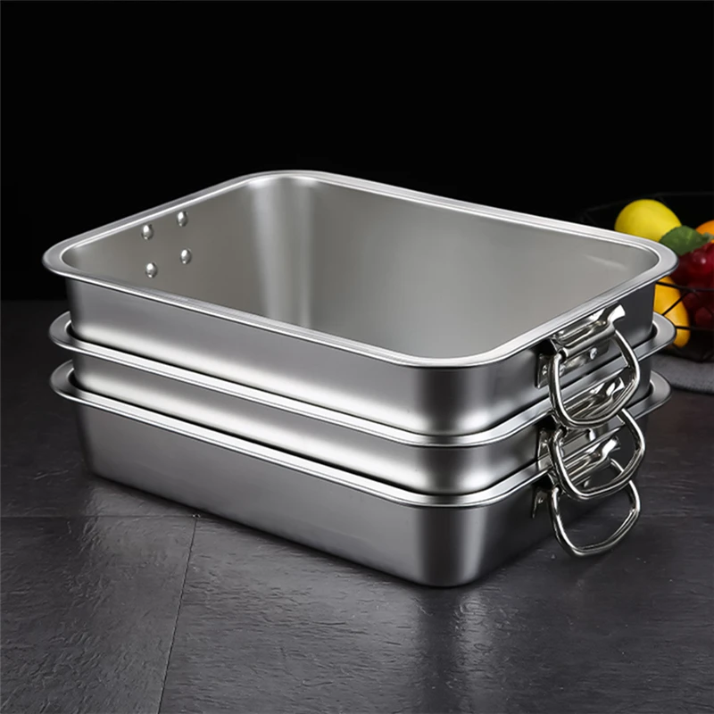 Thicken Stainless Steel Square  Cake Bread Basin Deep Plate Fruit Food Storage Tray  HandleLoaf Pans Kitchen Baking Dish