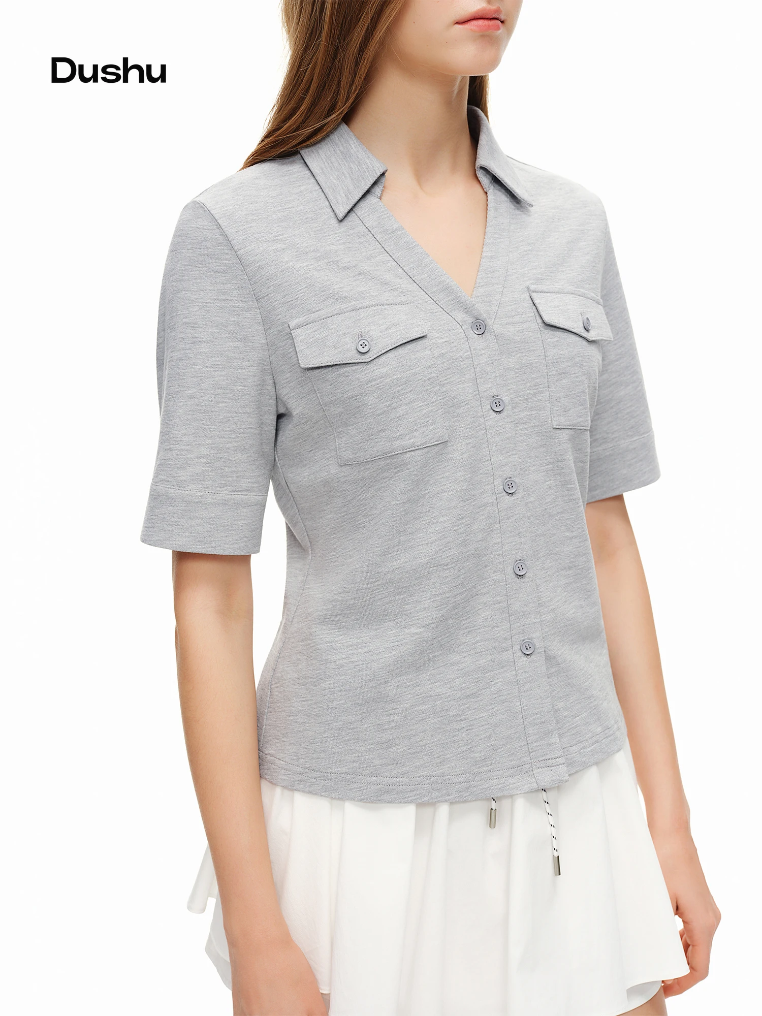 

DUSHU Women Minimal Order V-Flip Collar Mid-Length Sleeve Shirt 2026 Summer New Arrival Chic Commuter Top Cotton Contain Shirts