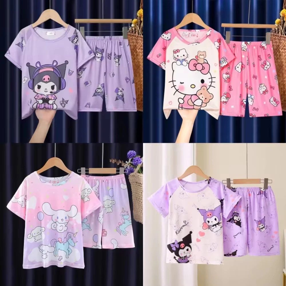 

Пижамный комплект детский Sanrio Cinnamoroll, одежда для сна с рисунком Hello Kitty, одежда для сна Kuromi My Melody для девочек и мальчиков, домашний костюм с коротким рукавом, подарки