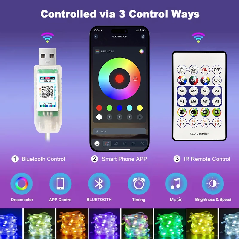 5V USB RGBIC LED fairy lamp-wireless App control music synchronous color-changing lamp IP67 waterproof adjustable string lamp