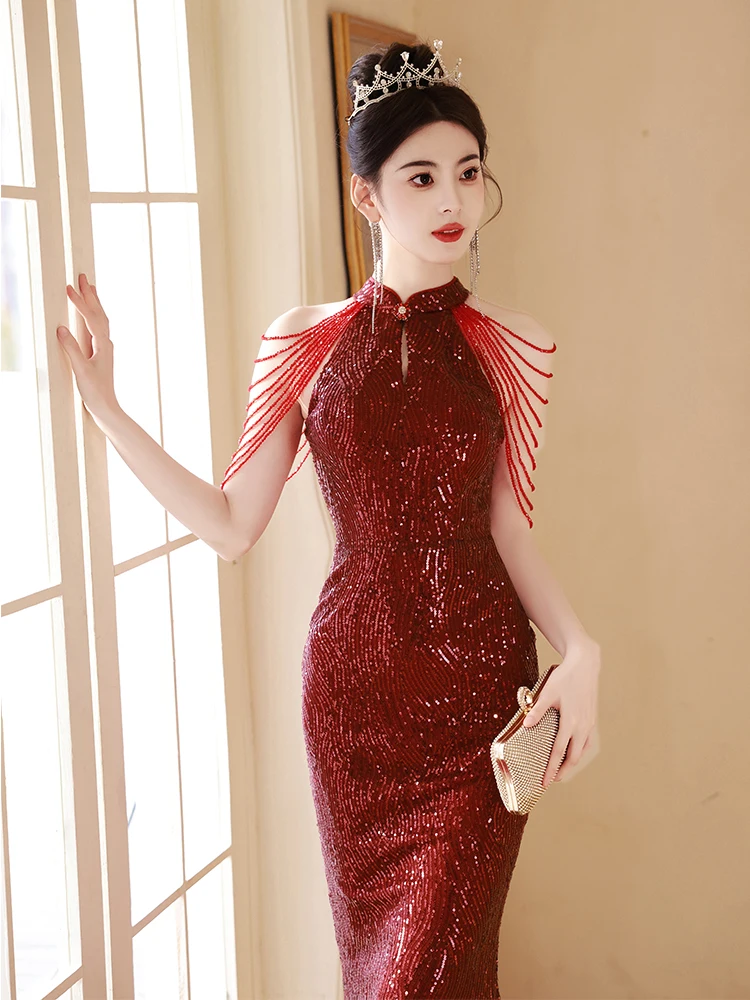 

Ele Red Sequin Wedding Dr with oulder Tassels for Women Sexy Fi Tail Long Evening Gown for Marriage Celebration