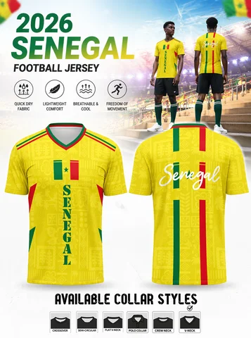 2026 Senegal V‑neck soccer jersey, yellow ethnic‑pattern fabric, vertical flag stripe print, quick‑dry material