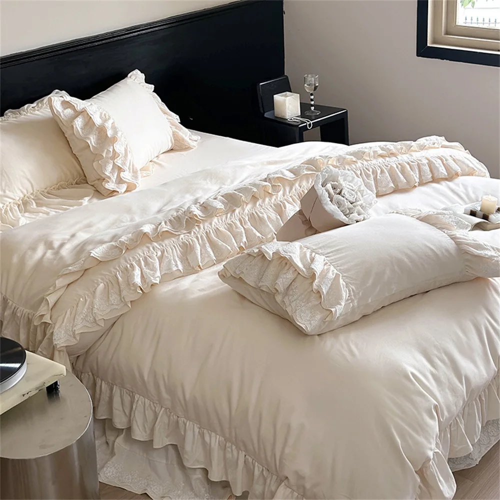 JC القطن الساتان المصقول الفرنسية الأميرة القطن تنورة السرير أربع قطع فتاة القطن الدانتيل غطاء لحاف الفراش
