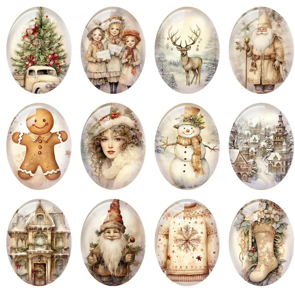 10pcs/lot Christmas X-mas Winter Gnomies Bells Tree Santa Oval Photo Glass Cabochon Flatback Demo Cameo For Diy Jewelry Making