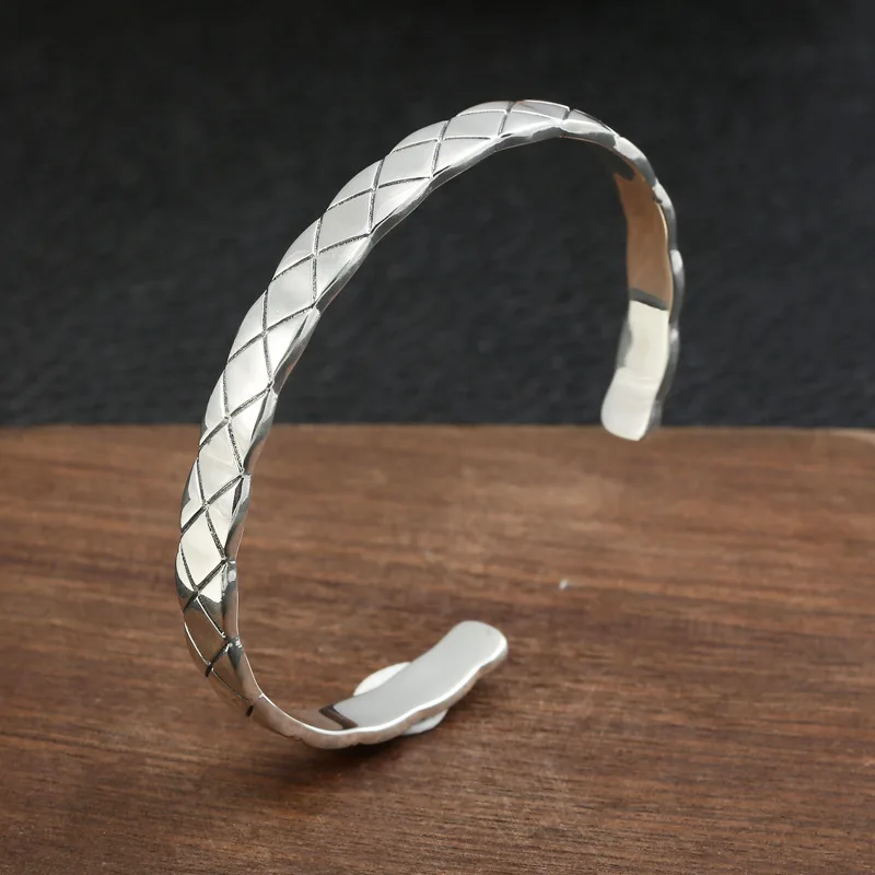 BOCAI New Real S925 Sterling Silver Charms Bracelets for Men Antique Rhombus Pattern Punk Fashion Bangle Fine Choice Jewelry