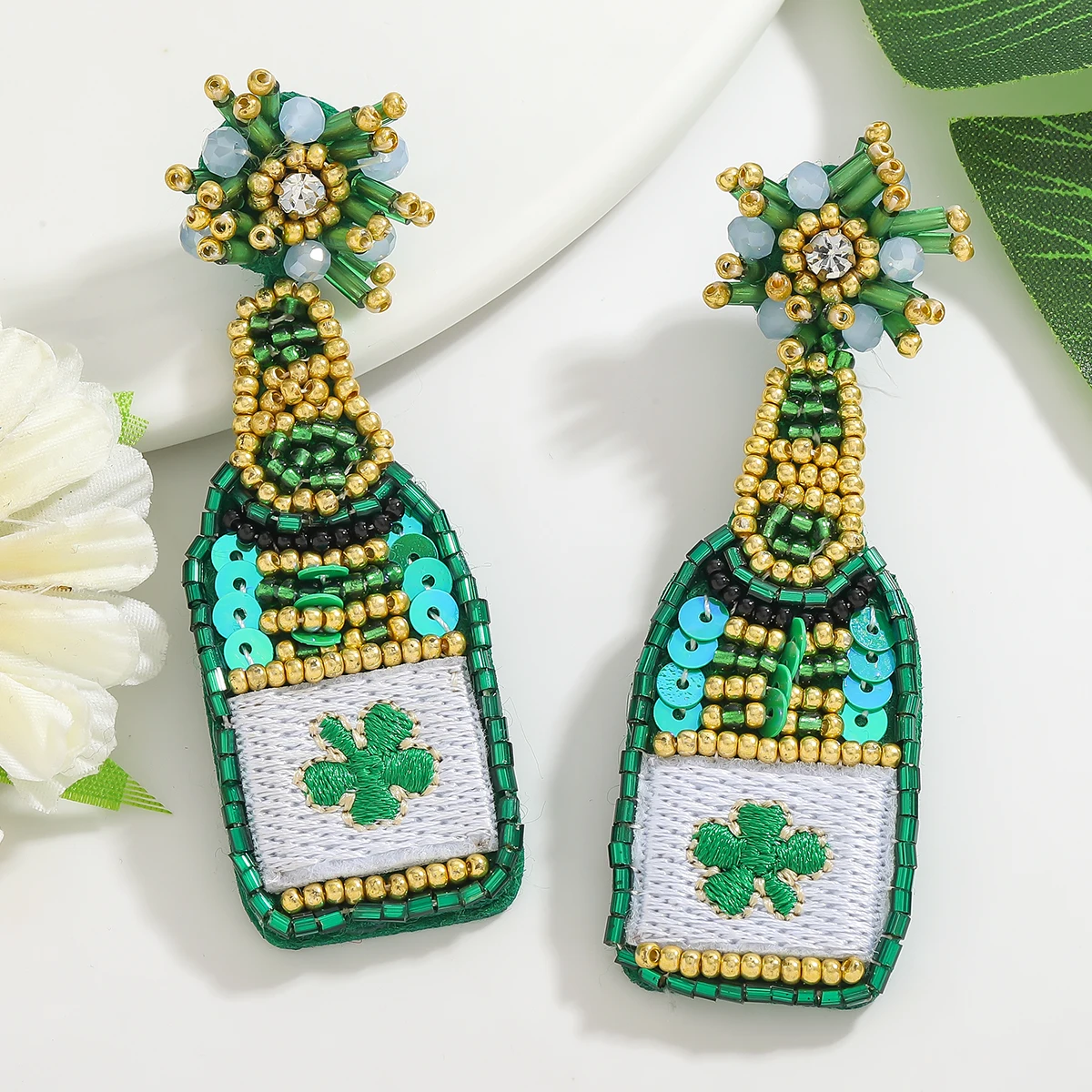 St. Patricks Day Handmade Beaded Rhinestone Green Lucky Clover Wine Bottle Dangle Earring For Women Statement Holiday Decoration