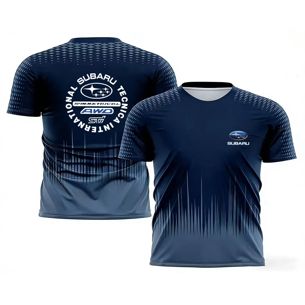 Camiseta masculina colorida impressa em 3D com tema esportivo, na cor vermelha, apresentando exemplos avançados de etiqueta de corrida SUBARU.