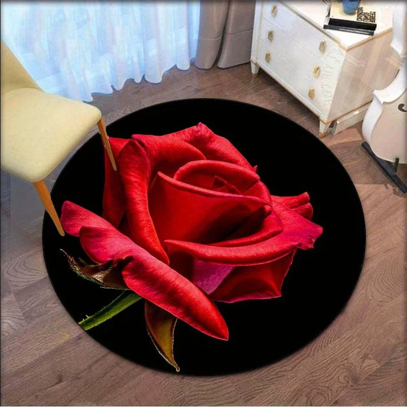 Velvet Red Rose Round Rug – Romantic Non-Slip Carpet for Living Room, Bedroom & Home Decor