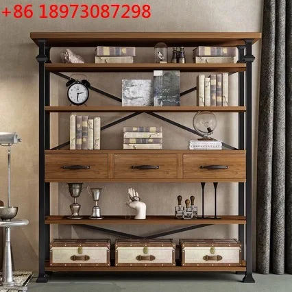 

Industrial style American wrought iron solid wood bookshelf floor-to-ceiling bookcase