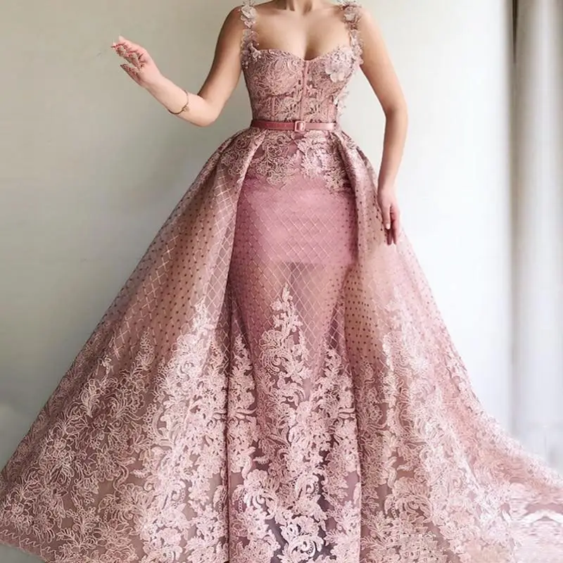 Vestidos árabes de graduación con cuentas de encaje de tren desmontable, vestido de noche 3D Floral de lujo, vestido Formal de fiesta de dama de honor, 2023