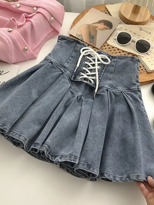 

Юбка А-силуэта с высокой талией для женщин, эластичная джинсовая короткая юбка, уличный стиль, весенняя коллекция, тонкая ткань, европейский и американский стиль