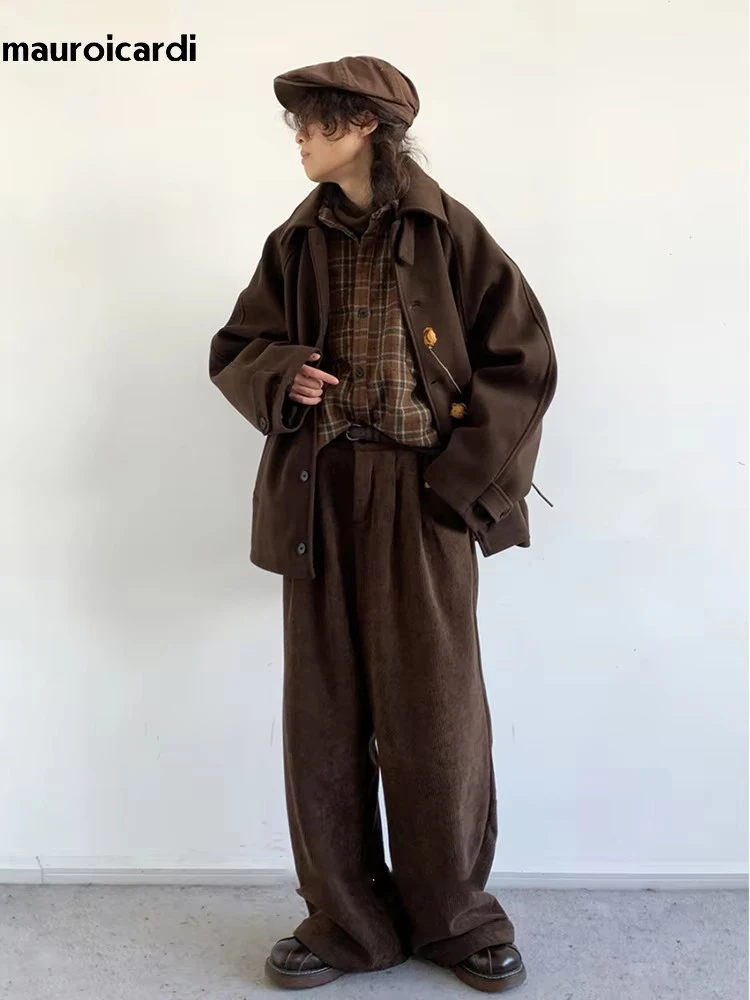 Mauroicardi Autumn Winter Oversized Warm Soft Caramel Woolen Jacket Men Raglan Sleeve Loose Casual Unisex Clothing 2024