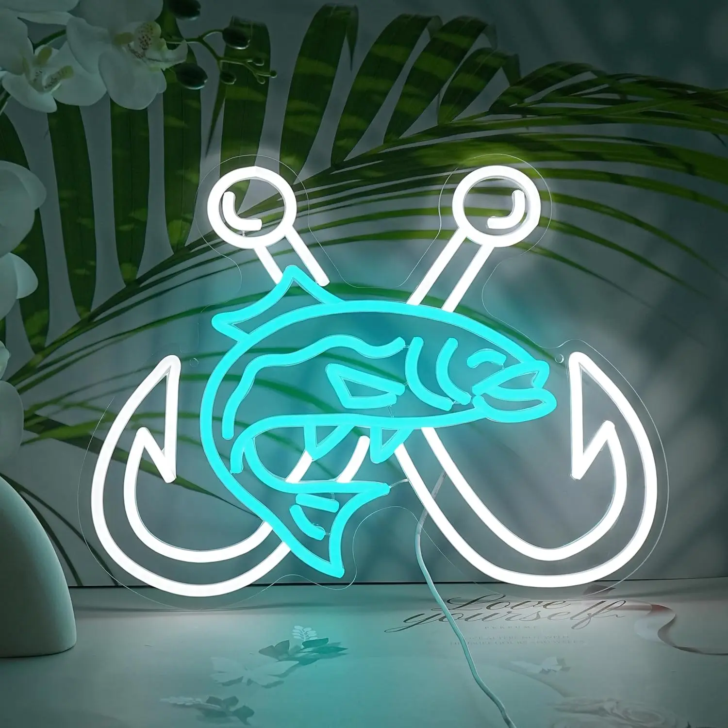 交差した釣り針ネオンサイン-調光可能な釣りledネオンライト-壁飾り-釣り道具店-ヨット用-父や男の子へのギフト