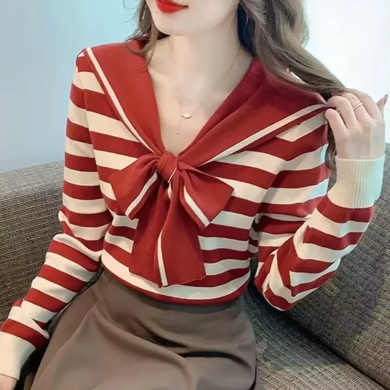 Sailor Collar Knitted Long Sleeve Shirt 2023 New Spring Autumn Long Sleeve Striped knit T-shirt Student Preppy Top Casual Blous