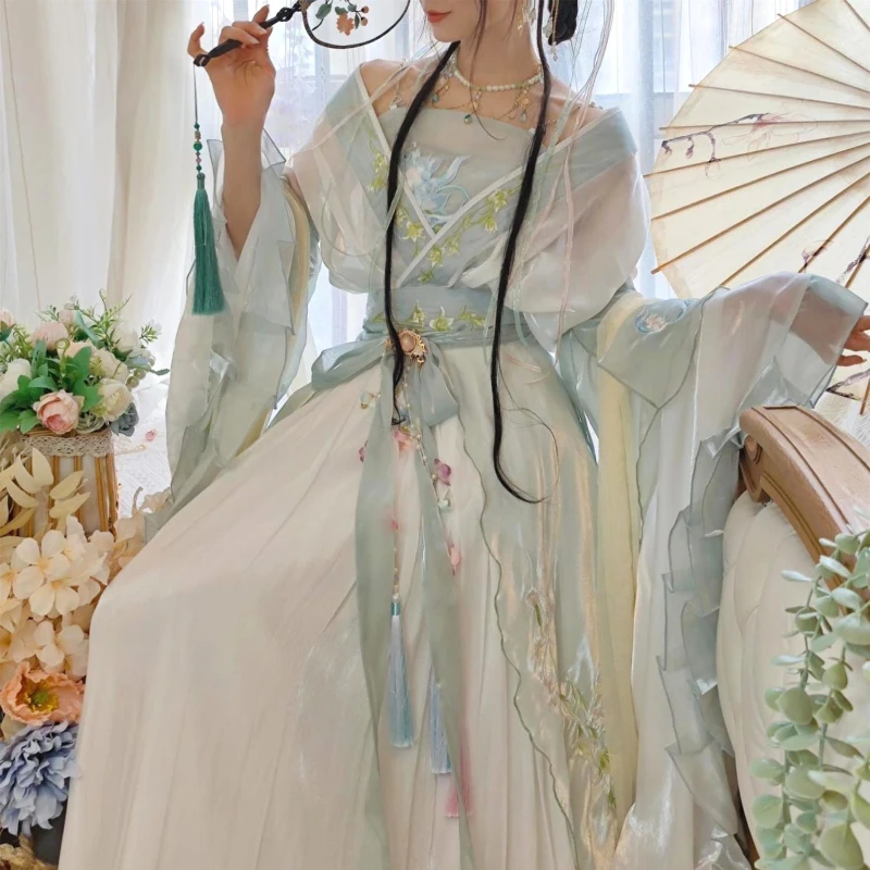 

Женское традиционное китайское платье Hanfu с вышивкой для сценических танцев, женский костюм феи для косплея, летнее зеленое, белое платье Hanfu, подарок