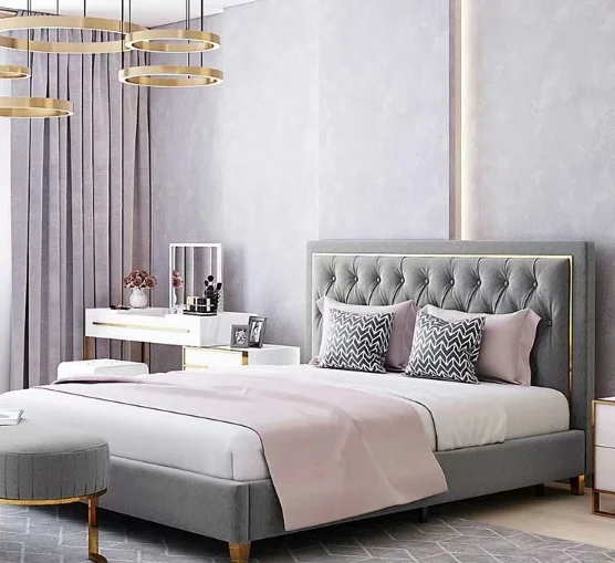 For Titanium Gold Brushed Snake Pattern Leather Solid Wood Sponge Stainless Steel Feet Frosted Microfiber Leather Double Bed