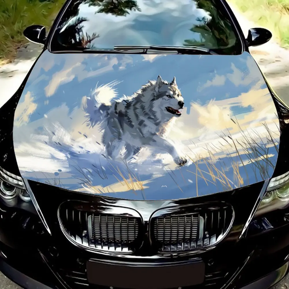 Happy Running Husky Animal Print Car Hood Wrap Color Vinyl Sticker Truck Graphic Bonnet DIY Auto Accessories Decor Decal Gift