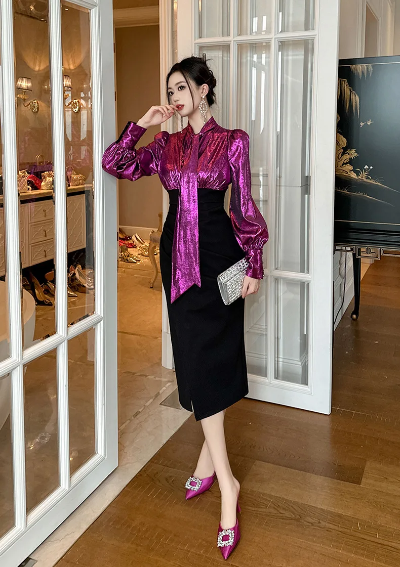 New autumn clothes for women, strong aura, royal sister style, age-reducing bow waist and hip-wrapped fake two-piece dress