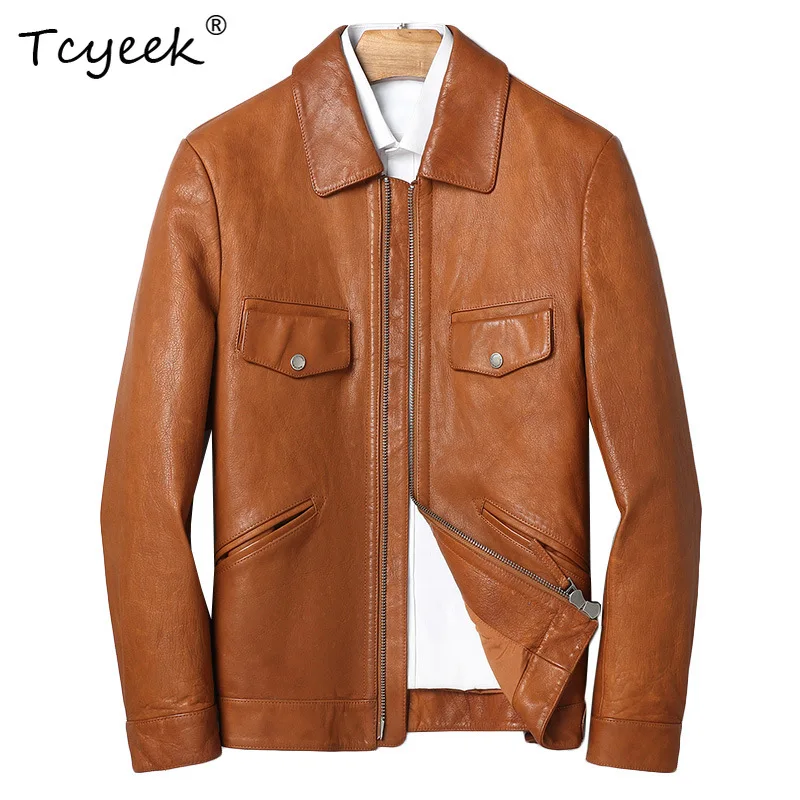 Tcyeek Genuine Leather Jacket Men Top Layer Goatskin Mens Coats Vintage Causal Motorcycle Style Jackets Autumn Clothing Jaquetas