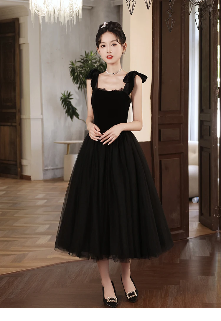 

Elegant Black Prom Dress Scoop Lace-up Back Tea Length Ball Gown Party Dress