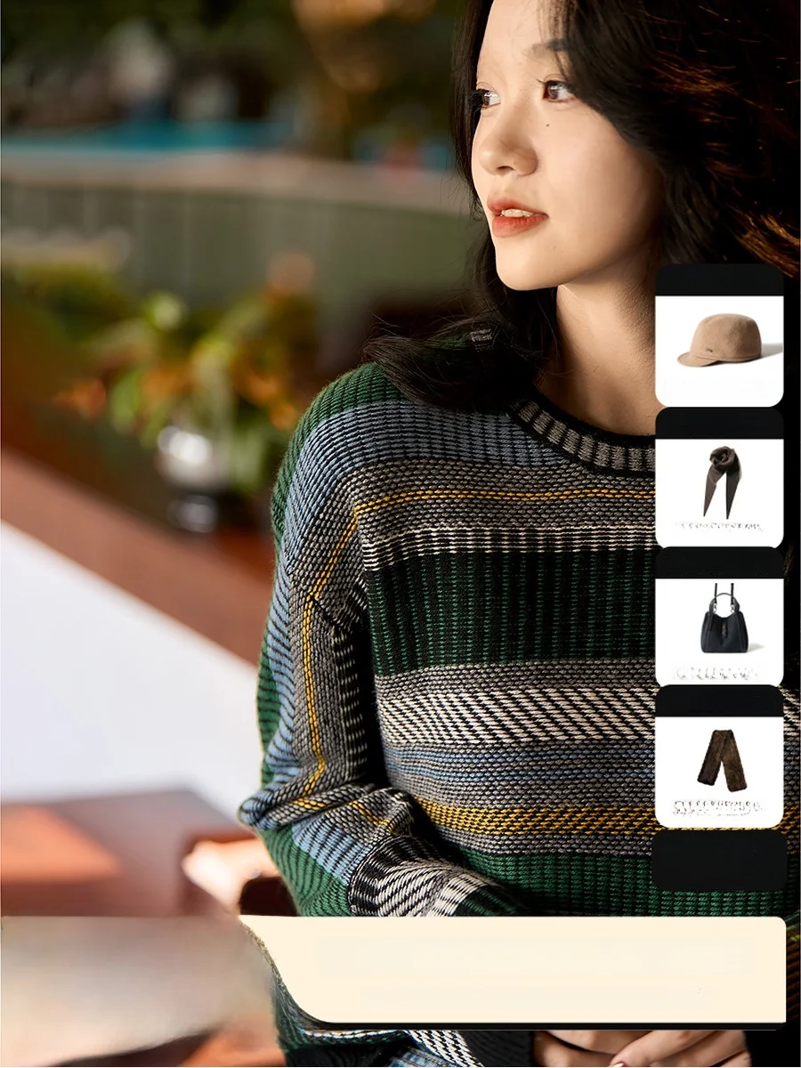 

XiaoHanGe Organic Camere Wool Yarn Knitted round Ne Pullover irt Autumn Winter Color Striped Design Women's Faion