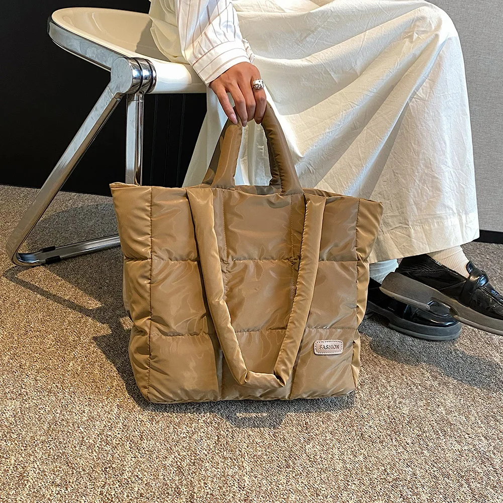 

Women Puffy Top-handle Bag Solid Color Checkered Quilted Handbag Large Capacity Fashion Ladies Girls Trendy Bag