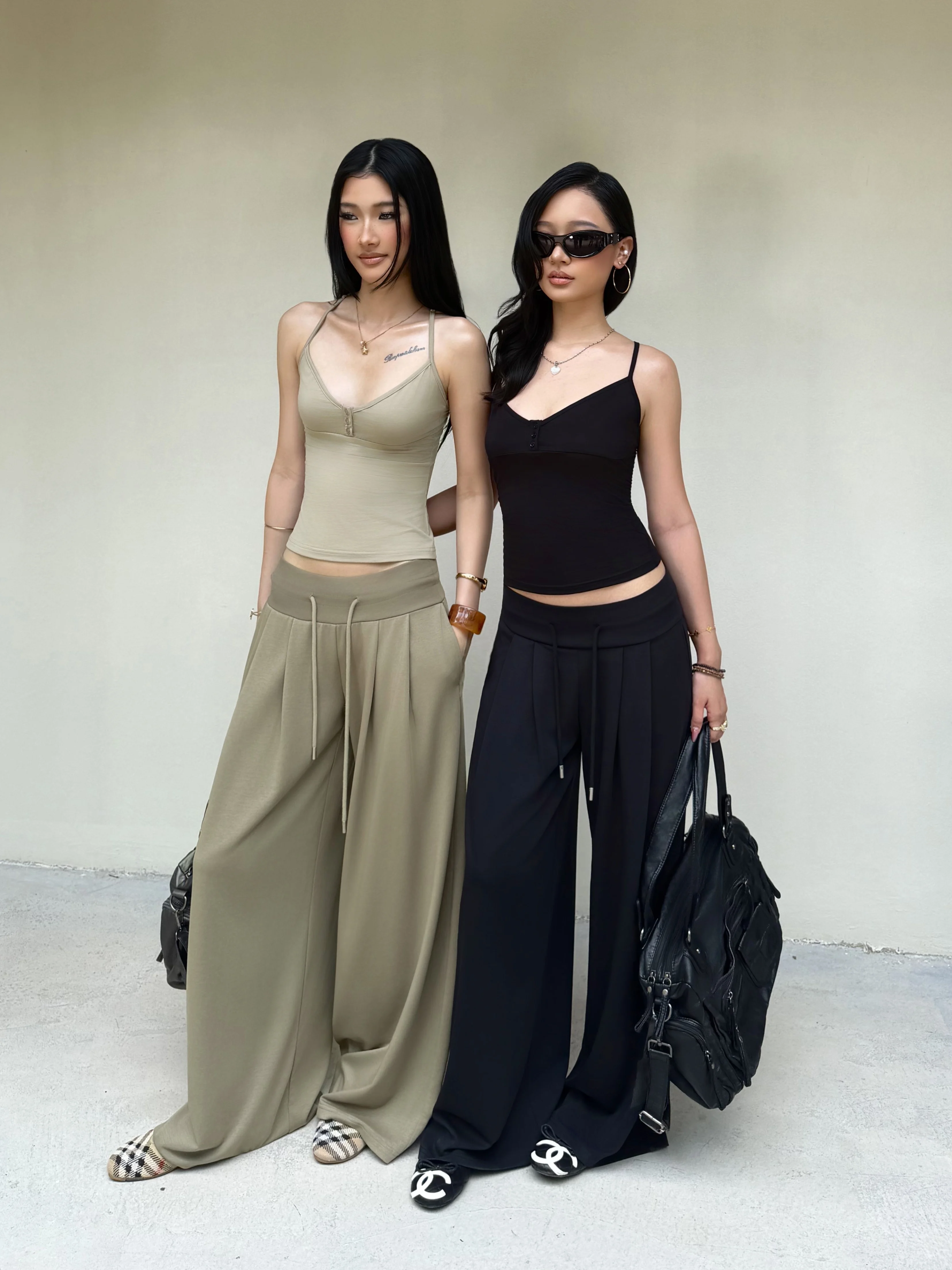 Audwyn Street Style Vest Low Waist Wide Rib Thin Wide Leg Floor Length Sports Pants Two-Way Wear Shoulder Strap Workwear