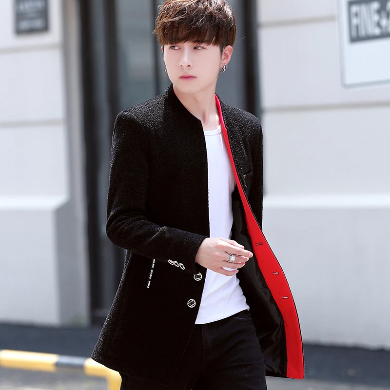 Męska kurtka wełniana średniej długości na zimę 2025, gruba, ocieplana aksamitem, ciepła, codzienna wiatrówka, modna męska kurtka biznesowa, elegancka, dopasowana kurtka wełniana.