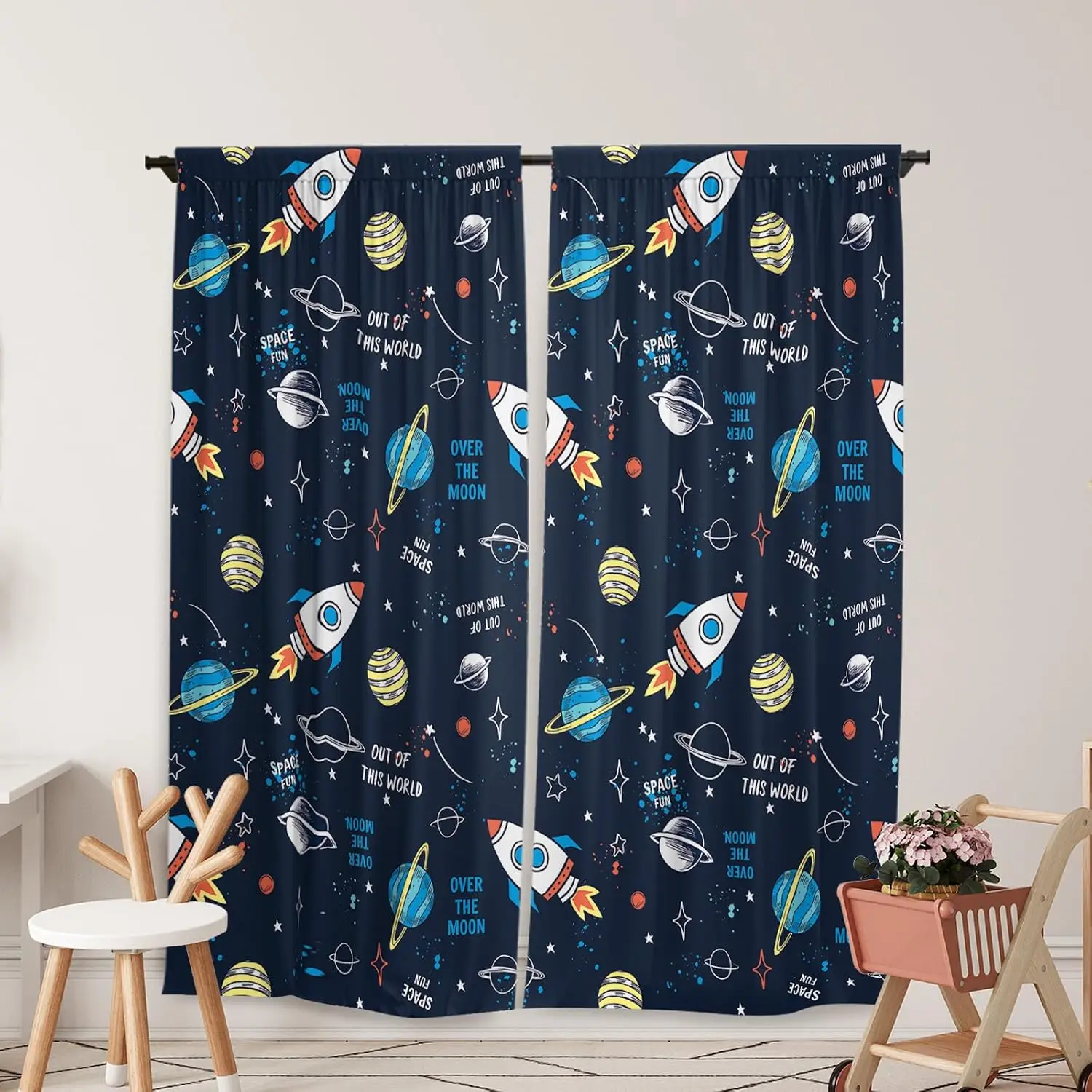 Kids Outer Space Curtains,Hand Drawn Rocket Planets Star Fun Space Text Dark Navy Drapes for Toddler Boy Playroom Interior Decor