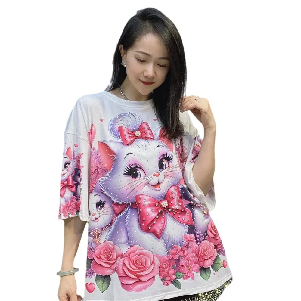 Camiseta de manga corta con cuello redondo para mujer, Tops de verano con estampado de gato, camiseta informal de moda con cuentas de media manga, camiseta de gran tamaño, ropa Kawaii