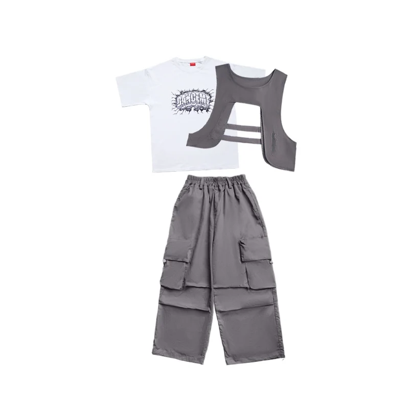 子供ヒップホップダンス衣装男の子ドラムショー服女の子半袖グレーベストカーゴパンツジャズパフォーマンススーツ BL16003