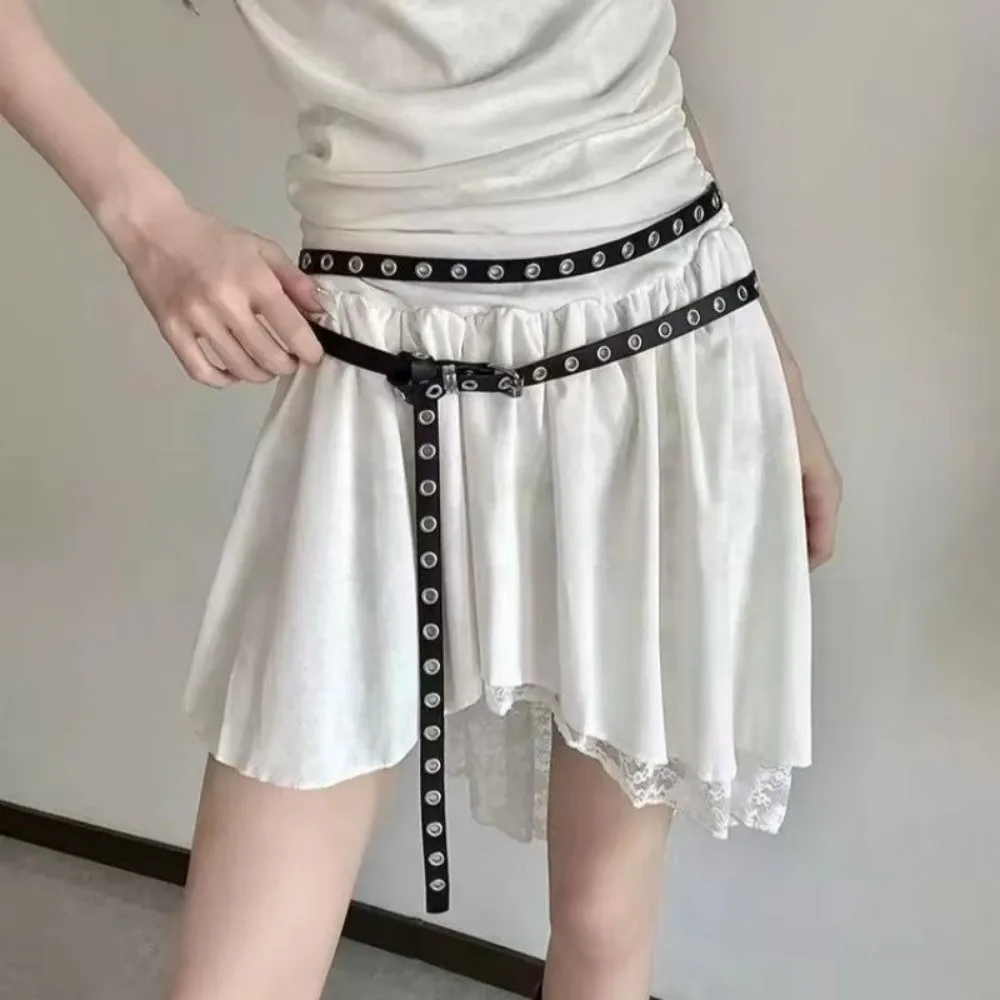 

Adjustable Double Loop Thin Belt PU Leather High Quality Rivet Eyelet Buckle Belts Double Layer Waist Chain Dress Accessories